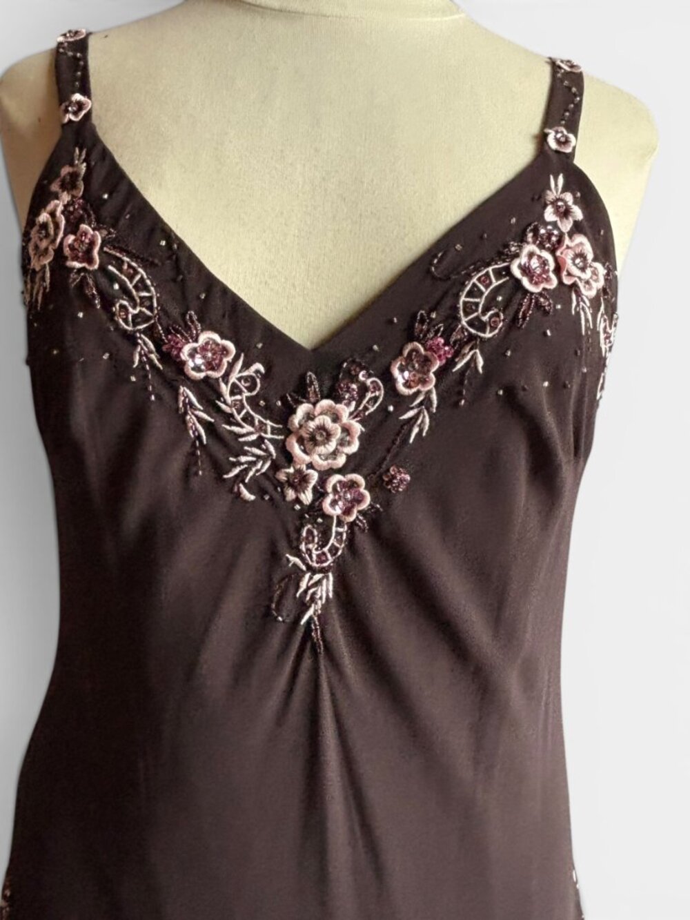 Brown Floral Embroidered 1920s-Inspired Handkerchief Hem Dress - Picture 2 of 16